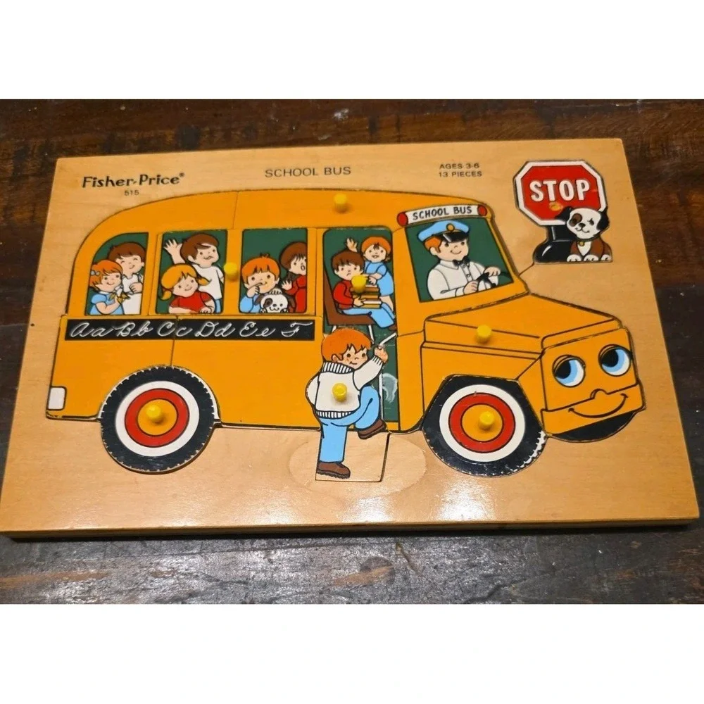 Vtg Wooden Peg Puzzle Lot Fisher Price Farm Animals School Bus Simplex Holland